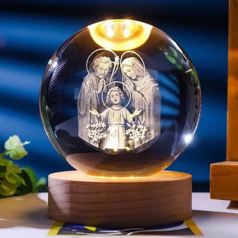 Boule de cristal illuminée - Jésus et Vierge Marie avec croix pour dévotion - Le Grimoire Ancien