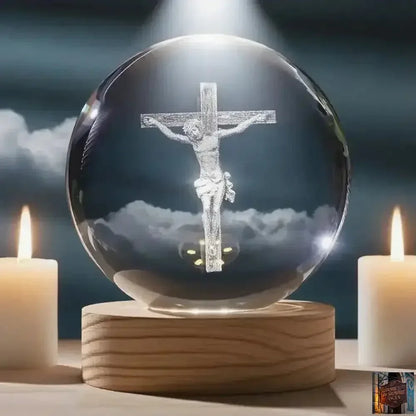 Boule de cristal illuminée - Jésus et Vierge Marie avec croix pour dévotion - © 2026 Le Grimoire Ancien