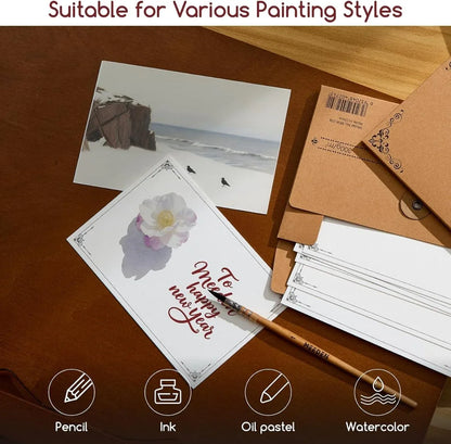 Cartes postales vierges en papier aquarelle : 10,2 x 15,2 cm - 63,5 kg/300 g/m² - 20 feuilles de papier 100 % coton - © 2026 Le Grimoire Ancien