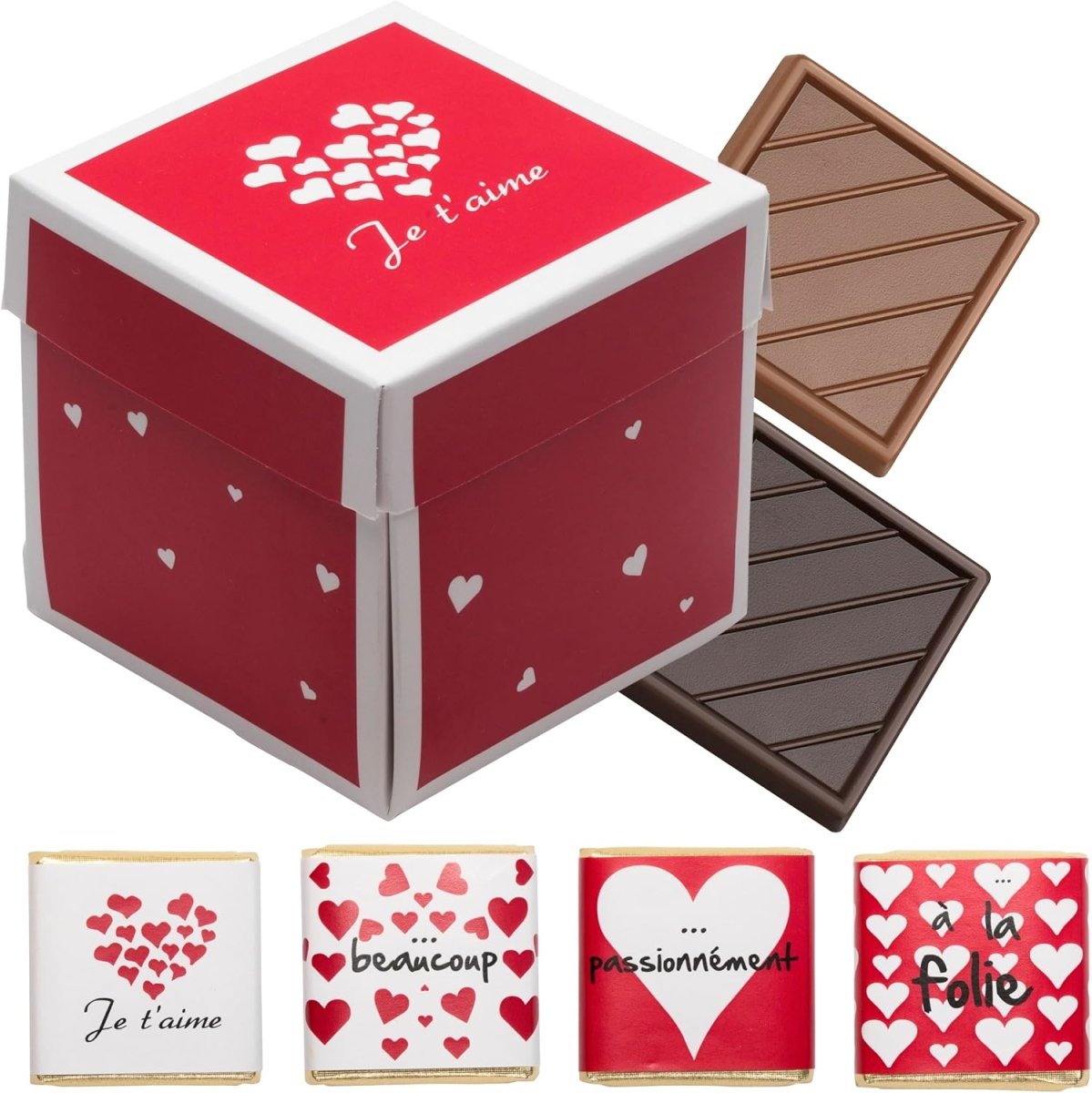 Coffret de Chocolats - Boîte de 40 carrés de chocolat individuels pour lui dire "Je t’aime" - © 2026 Le Grimoire Ancien