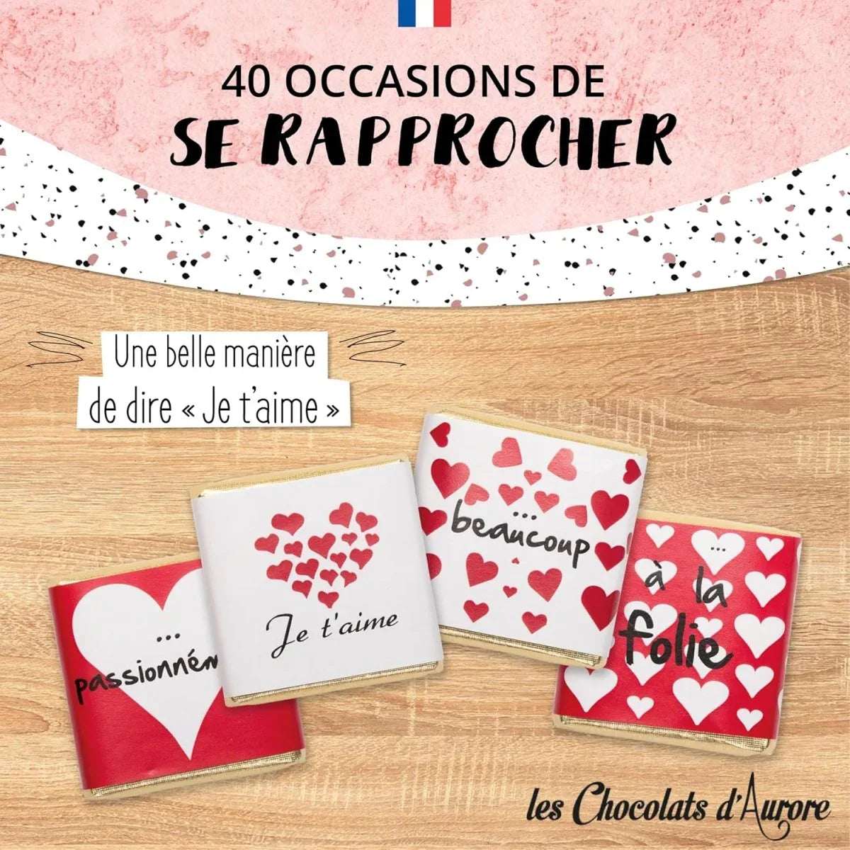 Coffret de Chocolats - Boîte de 40 carrés de chocolats individuels pour lui dire "Je t’aime" - © 2026 Le Grimoire Ancien