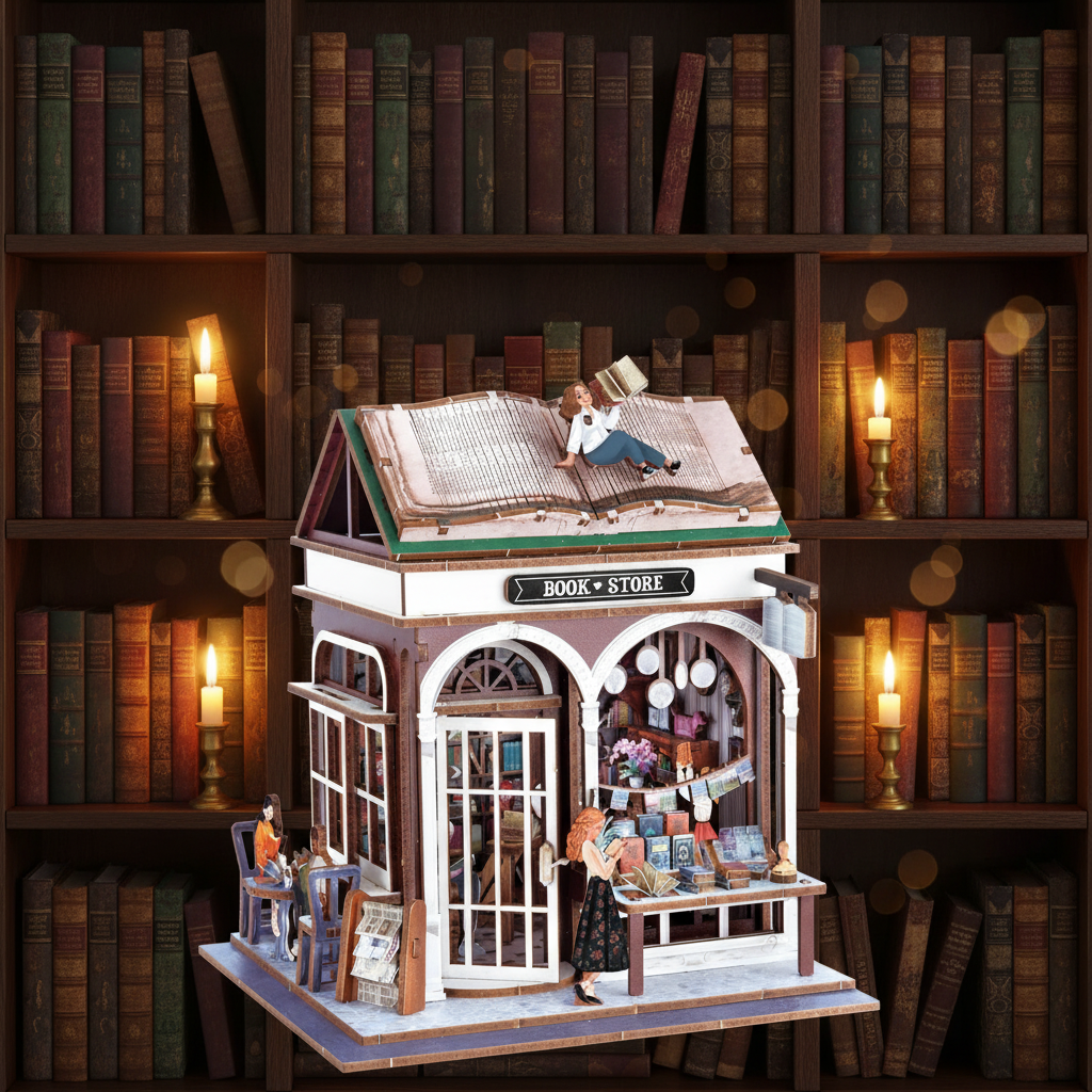 Diorama librairie sur fond bibliothèque sombre