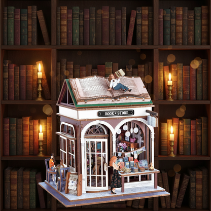 Diorama librairie sur fond bibliothèque sombre