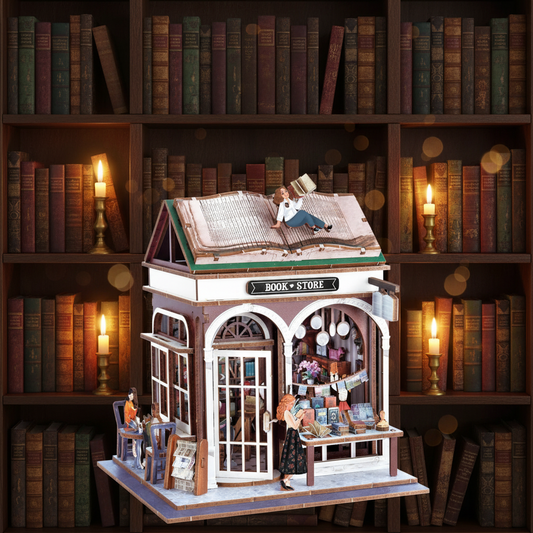 Diorama librairie sur fond bibliothèque sombre