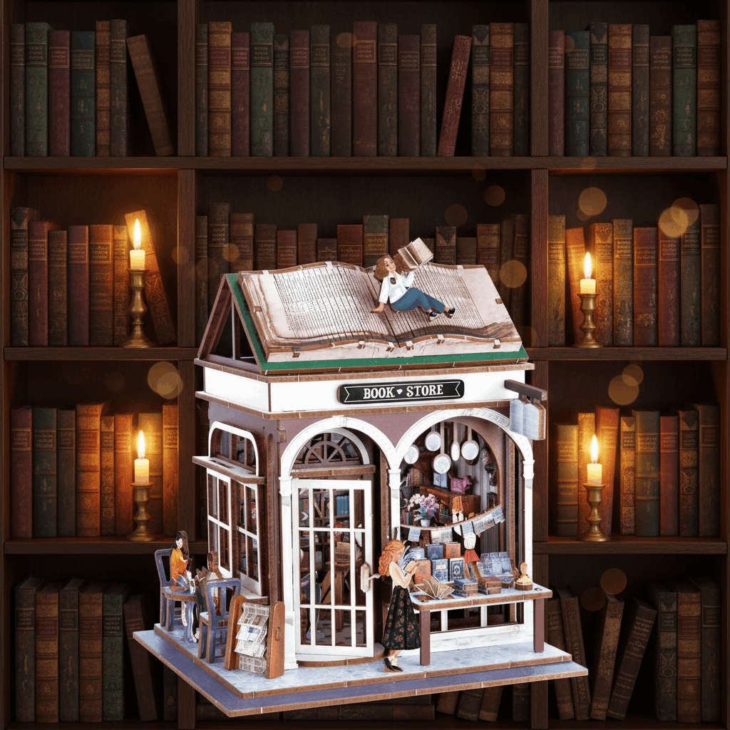Diorama librairie sur fond bibliothèque sombre