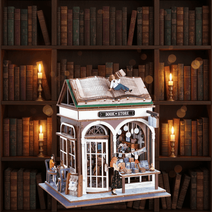 Diorama librairie sur fond bibliothèque sombre