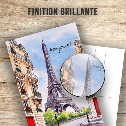 Edition Colibri Cartes Postales de Paris – Illustration Aquarelle de la Tour Eiffel – Bonjour | Lot de 10 cartes plates (A6) – Verso à écrire - © 2026 Le Grimoire Ancien