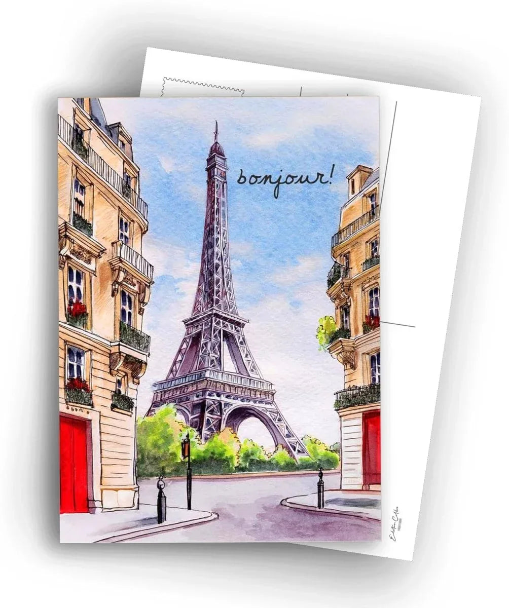 Edition Colibri Cartes Postales de Paris – Illustration Aquarelle de la Tour Eiffel – Bonjour | Lot de 10 cartes plates (A6) – Verso à écrire - © 2026 Le Grimoire Ancien