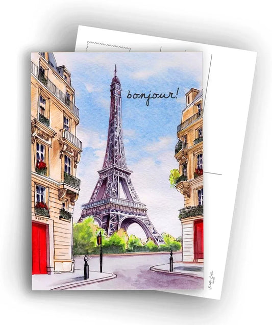 Edition Colibri Cartes Postales de Paris – Illustration Aquarelle de la Tour Eiffel – Bonjour | Lot de 10 cartes plates (A6) – Verso à écrire - © 2026 Le Grimoire Ancien