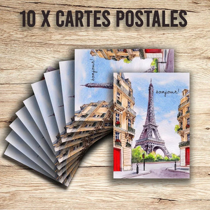 Edition Colibri Cartes Postales de Paris – Illustration Aquarelle de la Tour Eiffel – Bonjour | Lot de 10 cartes plates (A6) – Verso à écrire - © 2026 Le Grimoire Ancien