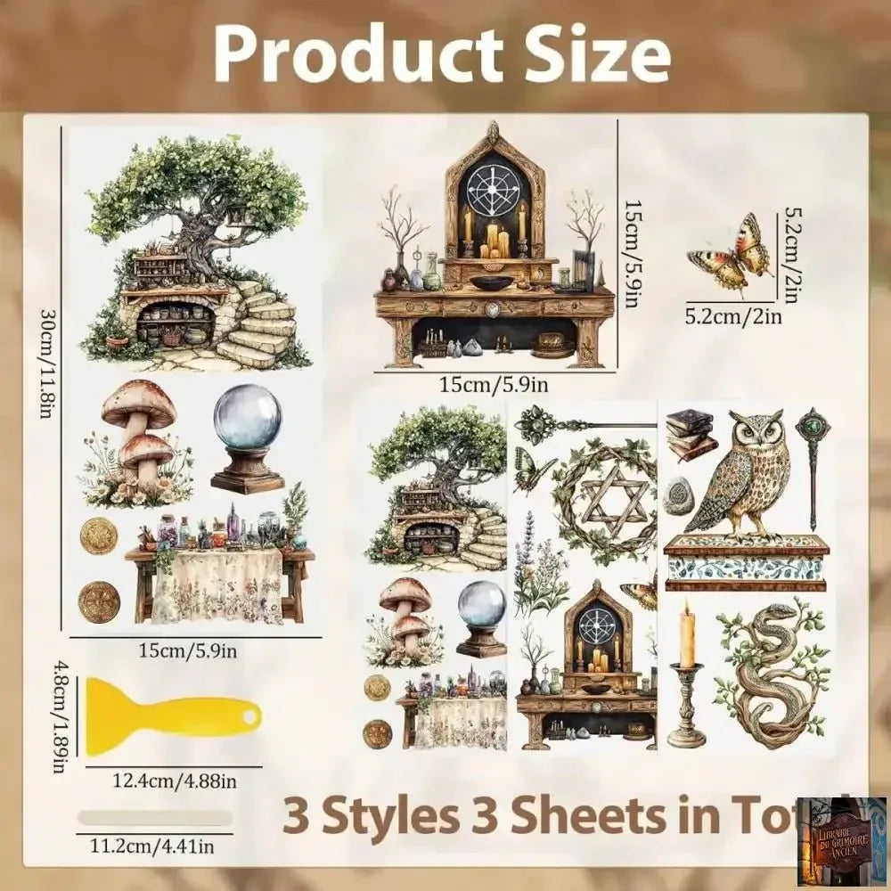Feuilles autocollantes rétro pour scrapbooking - Autocollants magiques (Lot de 3 feuilles) - © 2026 Le Grimoire Ancien