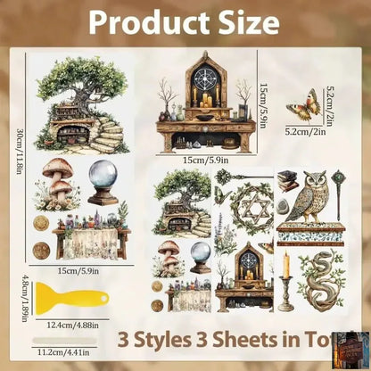 Feuilles autocollantes rétro pour scrapbooking - Autocollants magiques (Lot de 3 feuilles) - © 2026 Le Grimoire Ancien