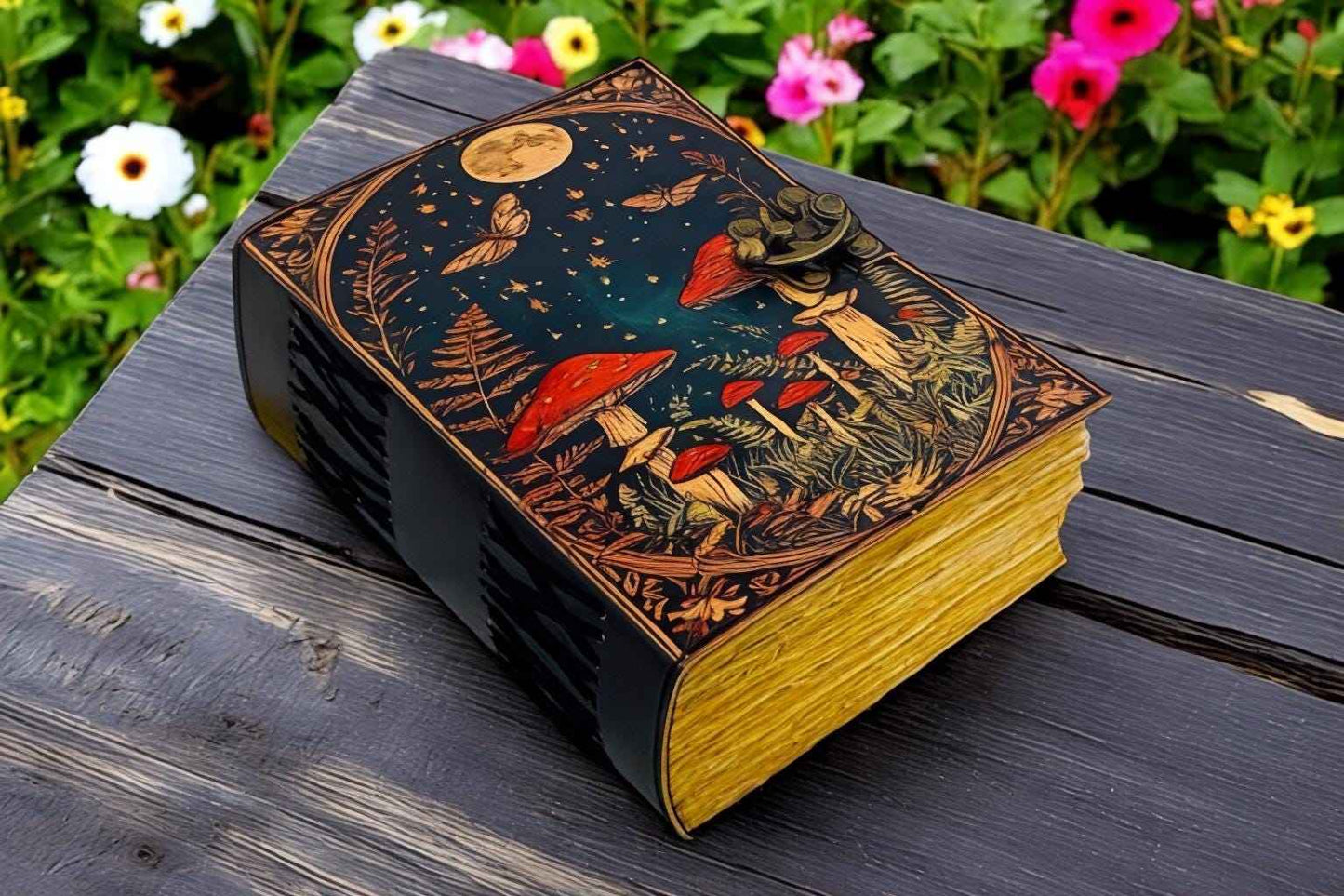 • Grimoire champignon lune de 400 pages • Livre des ombres gothique en cuir • Grimoire de sorcellerie fait main Edge Edge • Cadeau de journal forestier vintage »