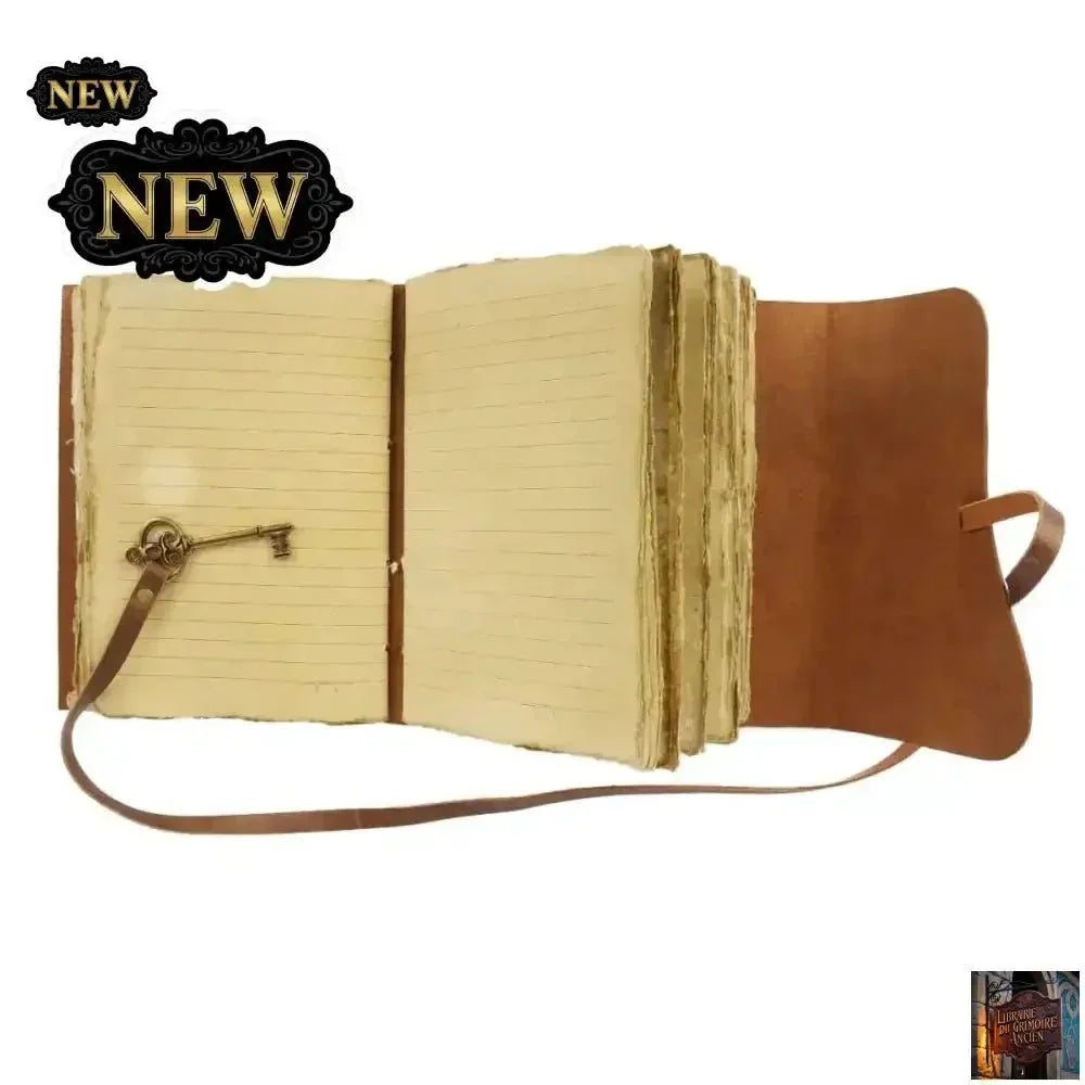Journal en cuir avec papier ligné et non doublé de 20,3 x 15,2 cm et clé vintage - © 2026 Le Grimoire Ancien