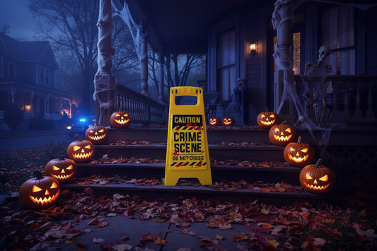 Pancarte Crime Scene devant maison Halloween
