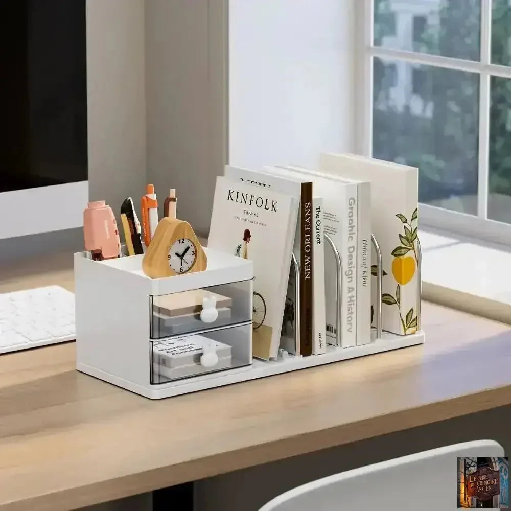 Serre-livres à six grilles, gain de place avec boîte de rangement - © 2026 Le Grimoire Ancien