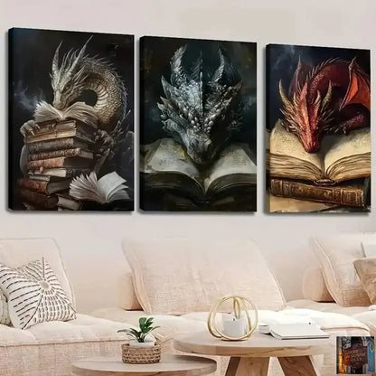 Toile avec livre dragon mythique, 3 pièces, décoration murale - © 2026 Le Grimoire Ancien