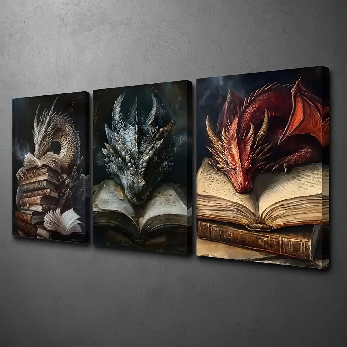Toile avec livre dragon mythique, 3 pièces, décoration murale - Le Grimoire Ancien