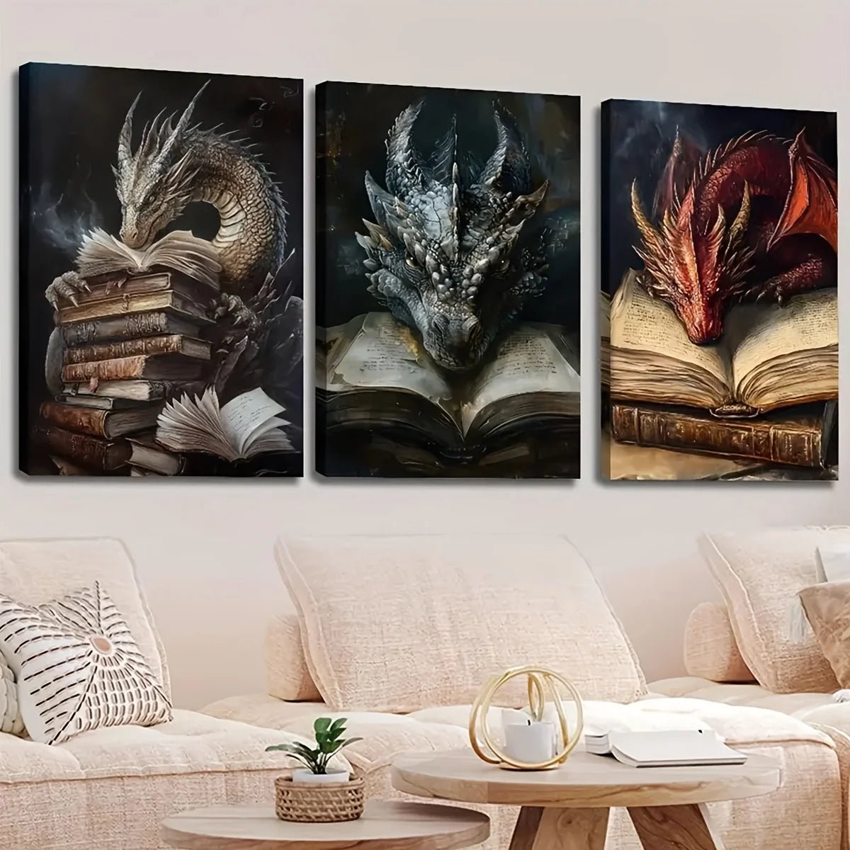 Toile avec livre dragon mythique, 3 pièces, décoration murale - Le Grimoire Ancien