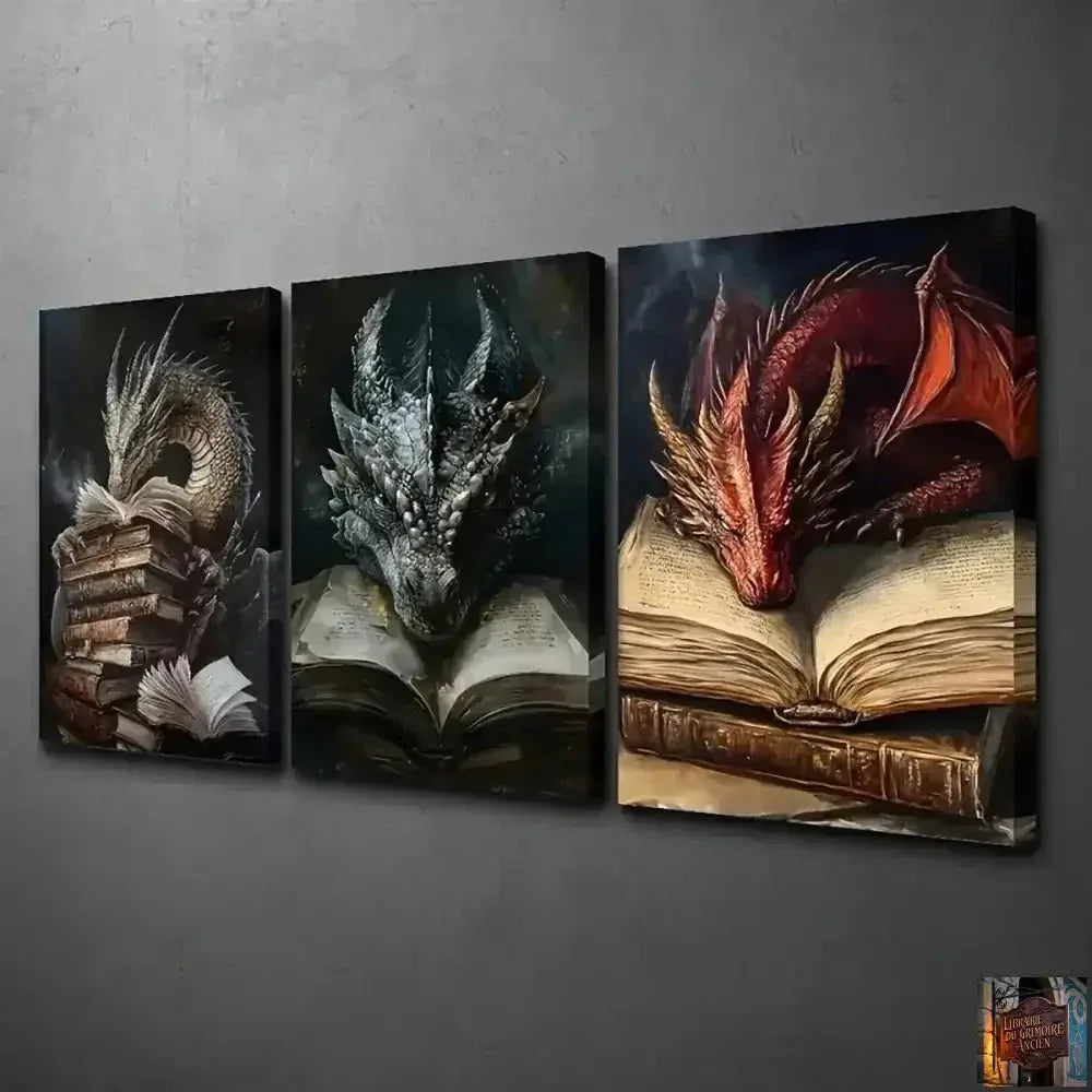 Toile avec livre dragon mythique, 3 pièces, décoration murale - © 2026 Le Grimoire Ancien